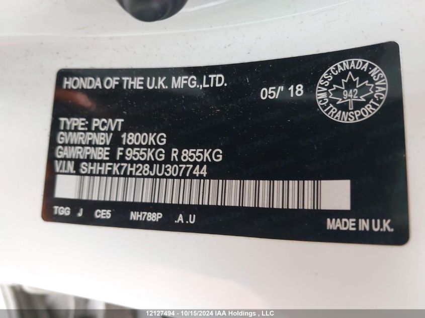 2018 Honda Civic Hatchback VIN: SHHFK7H28JU307744 Lot: 12127494