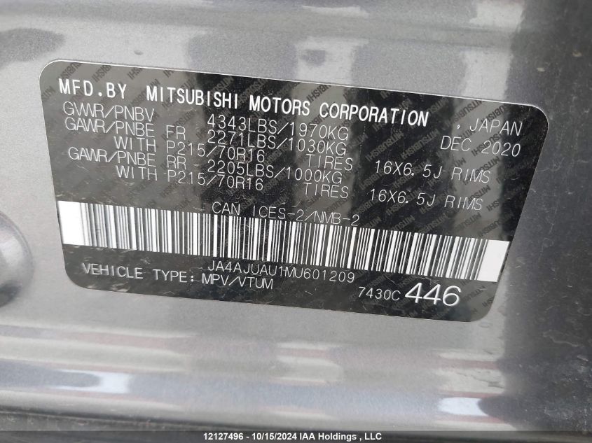 2021 Mitsubishi Rvr VIN: JA4AJUAU1MU601209 Lot: 12127496