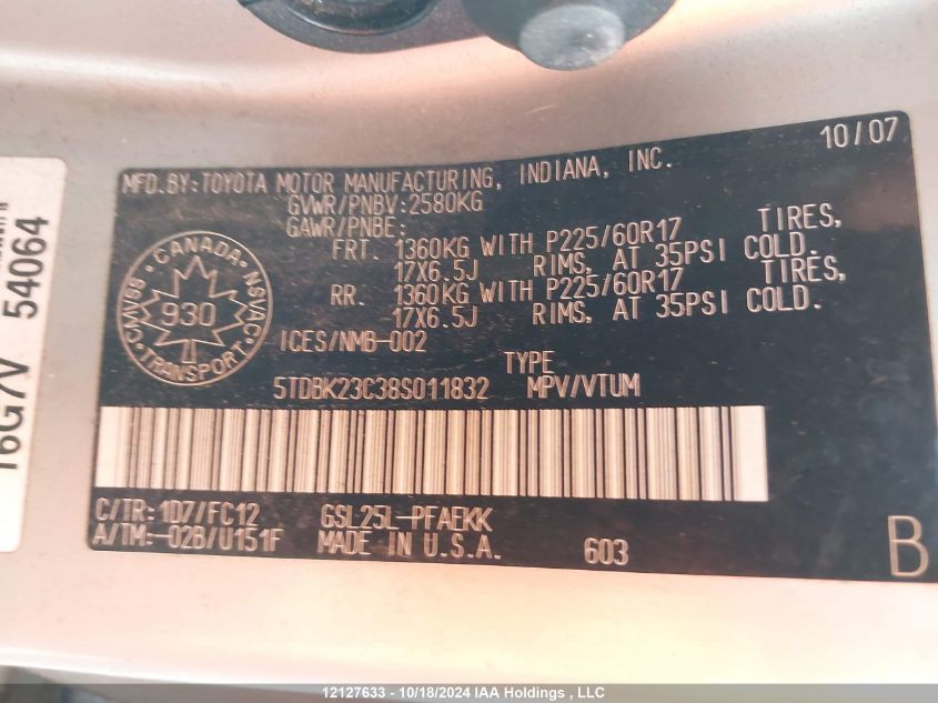 2008 Toyota Sienna Le VIN: 5TDBK23C38S011832 Lot: 12127633