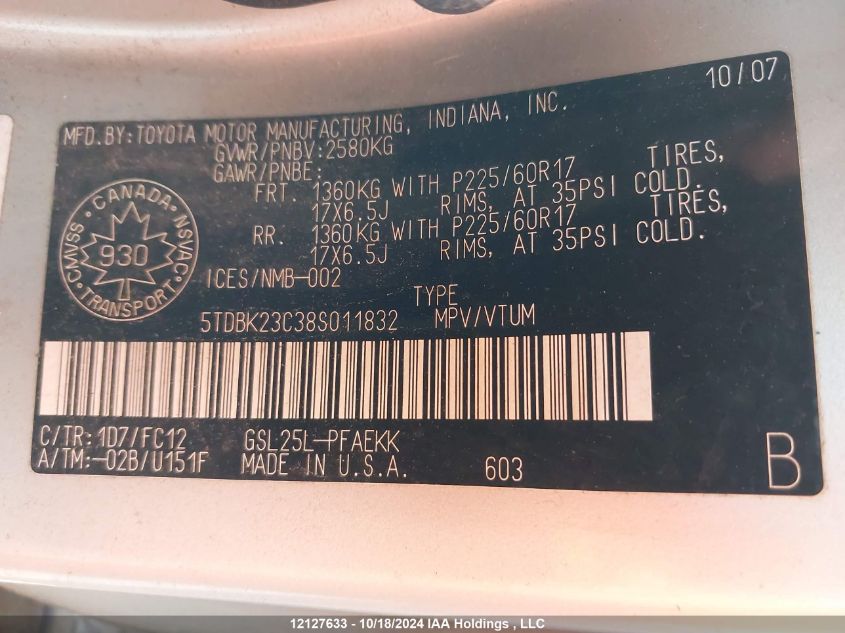 2008 Toyota Sienna Le VIN: 5TDBK23C38S011832 Lot: 12127633