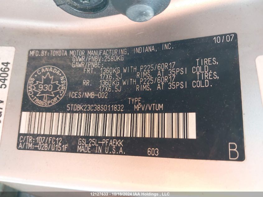 2008 Toyota Sienna Le VIN: 5TDBK23C38S011832 Lot: 12127633