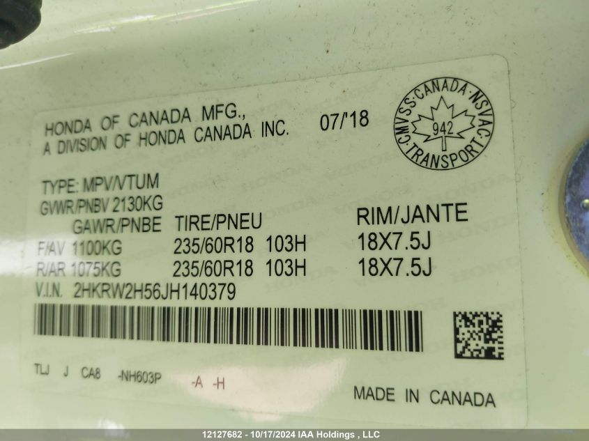 2018 Honda Cr-V VIN: 2HKRW2H56JH140379 Lot: 12127682