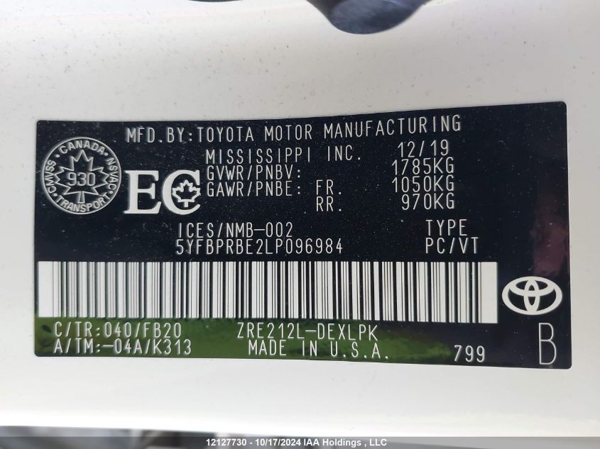 2020 Toyota Corolla Le VIN: 5YFBPRBE2LP096984 Lot: 12127730