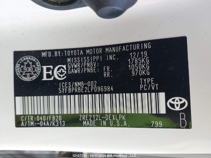 2020 Toyota Corolla Le VIN: 5YFBPRBE2LP096984 Lot: 12127730