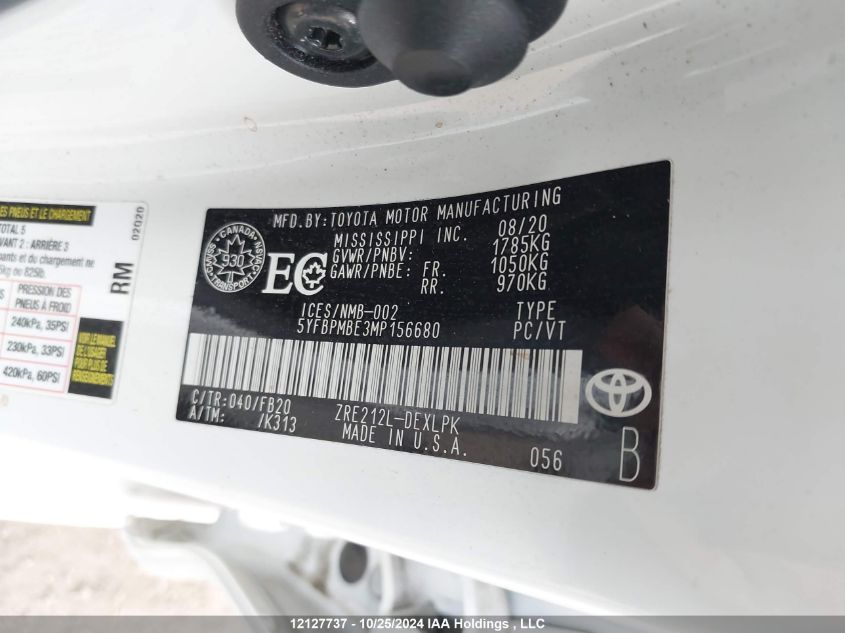 2021 Toyota Corolla Le VIN: 5YFBPMBE3MP156680 Lot: 12127737