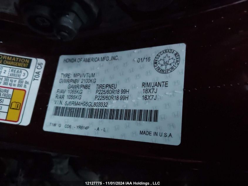 2016 Honda Cr-V VIN: 5J6RM4H95GL803332 Lot: 12127775