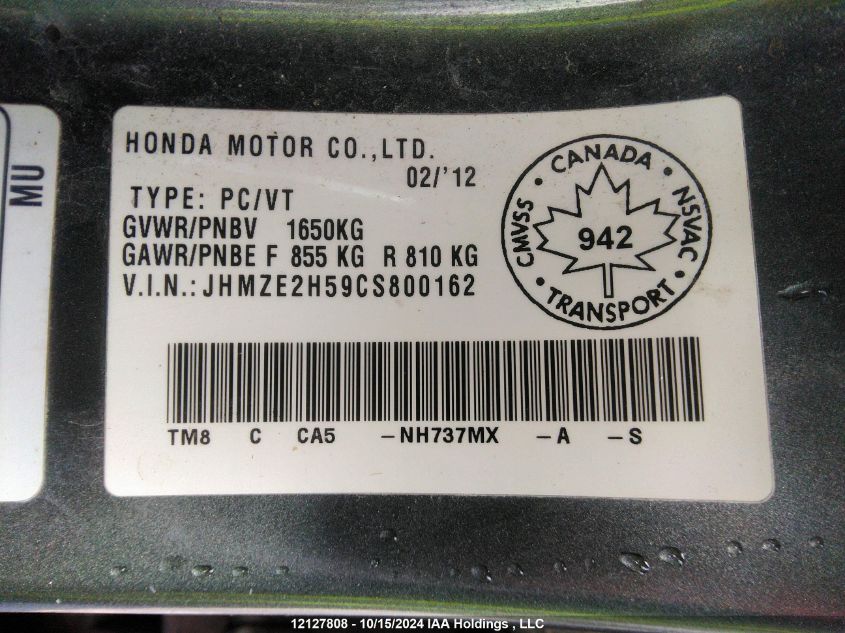 2012 Honda Insight Lx VIN: JHMZE2H59CS800162 Lot: 12127808