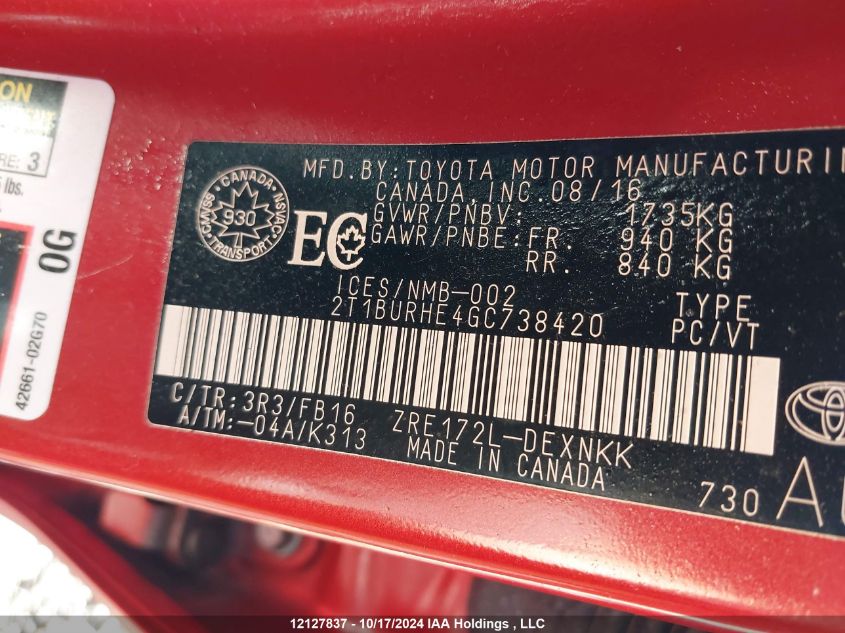 2016 Toyota Corolla L/Le/Le Pls/Prm/S/S Pls VIN: 2T1BURHE4GC738420 Lot: 12127837