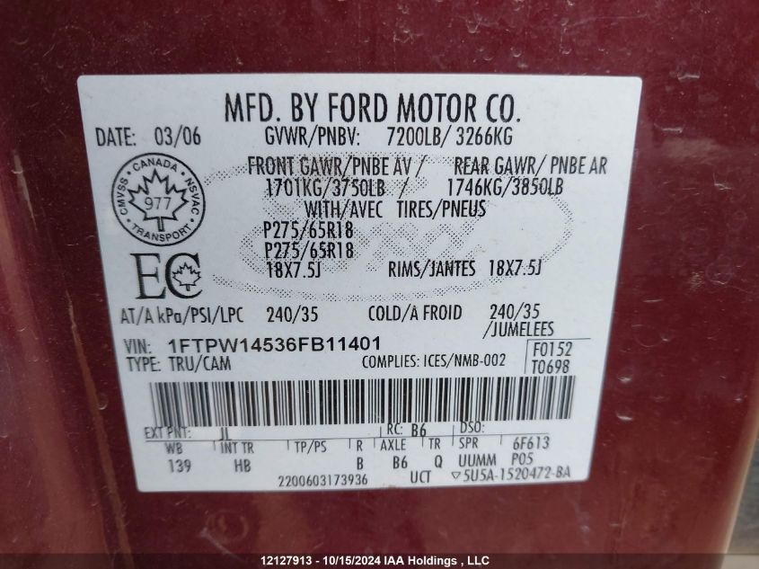 2006 Ford F-150 VIN: 1FTPW14536FB11401 Lot: 12127913