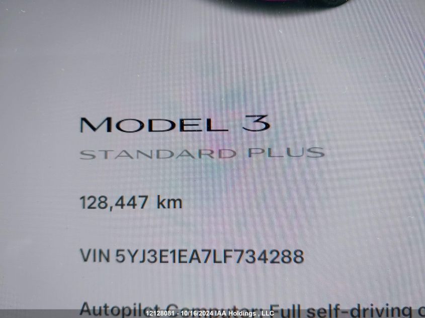 2020 Tesla Model 3 VIN: 5YJ3E1EA7LF734288 Lot: 12128081