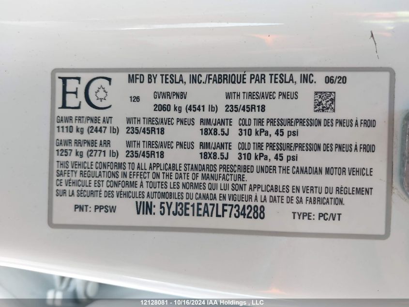 2020 Tesla Model 3 VIN: 5YJ3E1EA7LF734288 Lot: 12128081