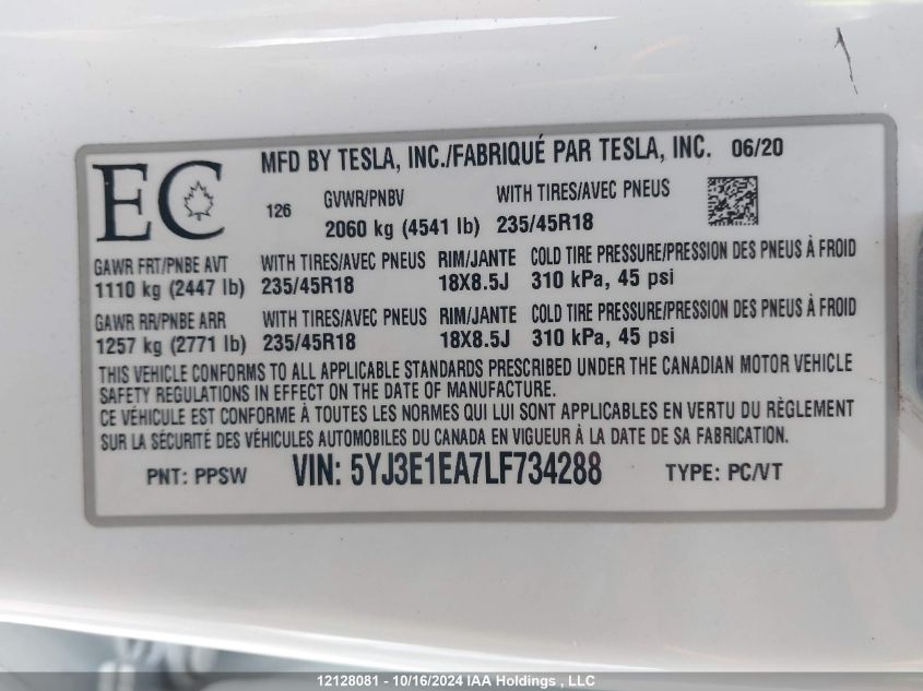 2020 Tesla Model 3 VIN: 5YJ3E1EA7LF734288 Lot: 12128081