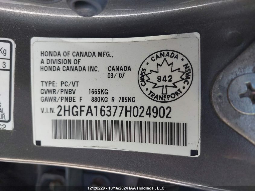 2007 Honda Civic Sdn VIN: 2HGFA16377H024902 Lot: 12128229