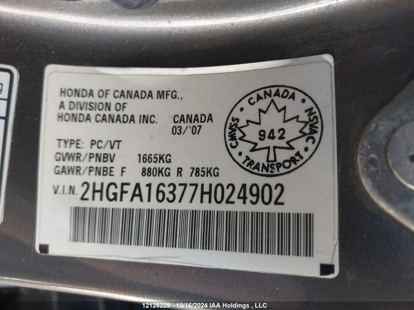 2007 Honda Civic Sdn VIN: 2HGFA16377H024902 Lot: 12128229