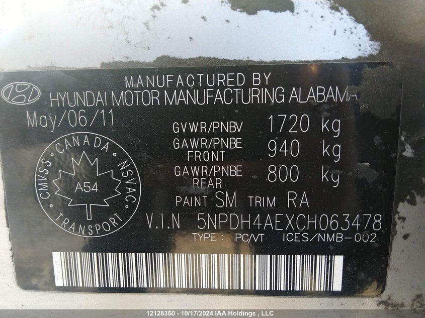 2012 Hyundai Elantra Gl VIN: 5NPDH4AEXCH063478 Lot: 12128350