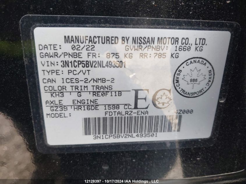 2022 Nissan Kicks VIN: 3N1CP5BV2NL493501 Lot: 12128397