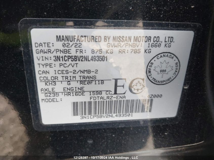 2022 Nissan Kicks VIN: 3N1CP5BV2NL493501 Lot: 12128397