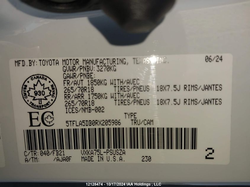 2024 Toyota Tundra Crewmax Sr/Crewmax Sr5 VIN: 5TFLA5DB0RX205986 Lot: 12128474