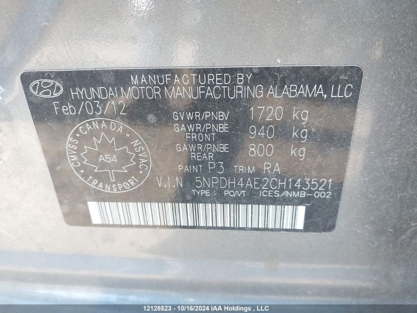 2012 Hyundai Elantra Gls VIN: 5NPDH4AE2CH143521 Lot: 12128523