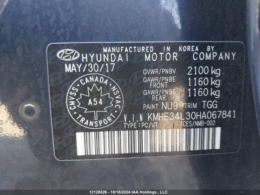 2017 Hyundai Sonata Hybrid/Limited VIN: KMHE34L30HA067841 Lot: 12128526