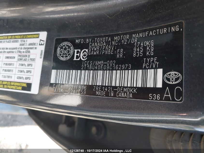 2009 Toyota Corolla S/Le/Xle VIN: 2T1BU40E09C162973 Lot: 12128748