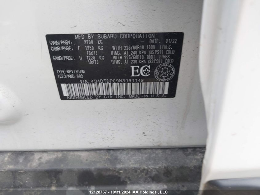 2022 Subaru Legacy Outback VIN: 4S4BTDPC9N3191149 Lot: 12128757