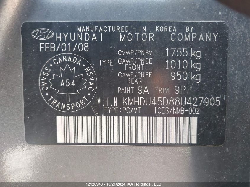 2008 Hyundai Elantra VIN: KMHDU45D88U427905 Lot: 12128940