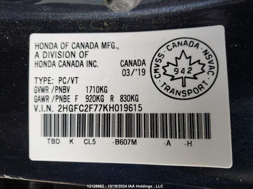 2019 Honda Civic Sedan VIN: 2HGFC2F77KH019615 Lot: 12128992