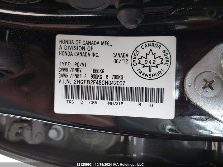 2012 Honda Civic Sdn VIN: 2HGFB2F48CH042007 Lot: 12128993