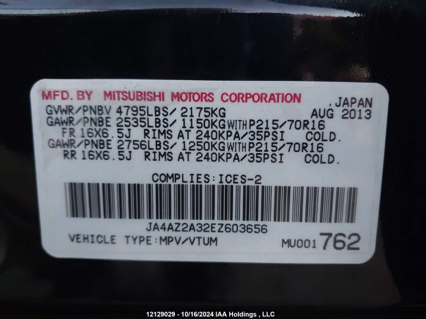 2014 Mitsubishi Outlander VIN: JA4AZ2A32EZ603656 Lot: 12129029