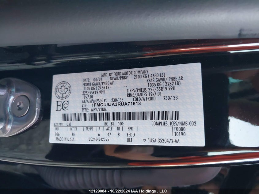 2024 Ford Escape Platinum VIN: 1FMCU9JA3RUA71613 Lot: 12129084