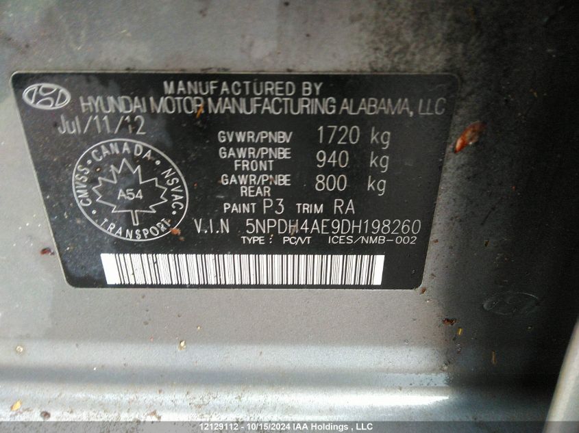 2013 Hyundai Elantra Gls/Limited VIN: 5NPDH4AE9DH198260 Lot: 12129112