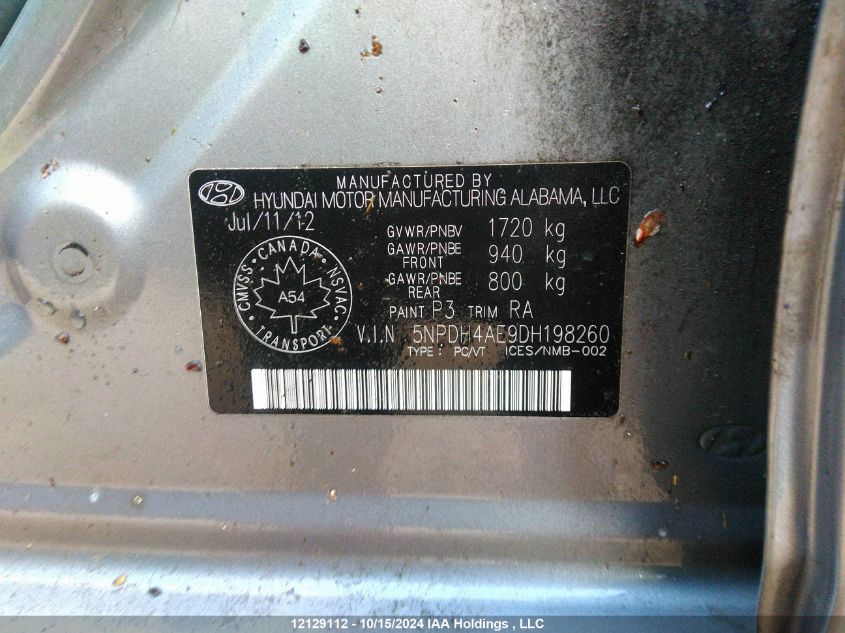 2013 Hyundai Elantra Gls/Limited VIN: 5NPDH4AE9DH198260 Lot: 12129112