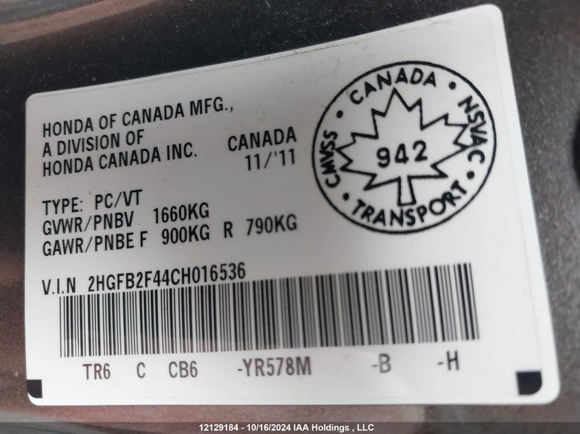 2012 Honda Civic Sdn VIN: 2HGFB2F44CH016536 Lot: 12129184