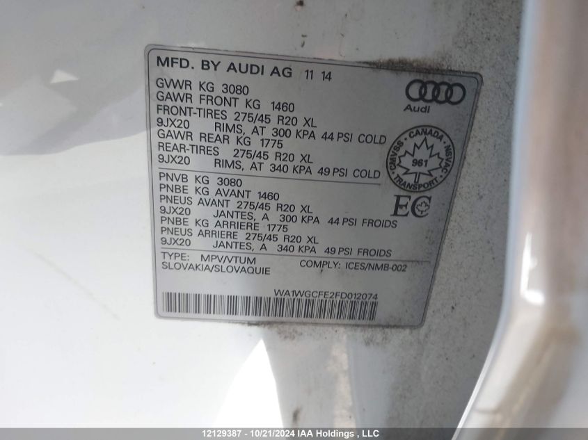 2015 Audi Q7 VIN: WA1WGCFE2FD012074 Lot: 12129387