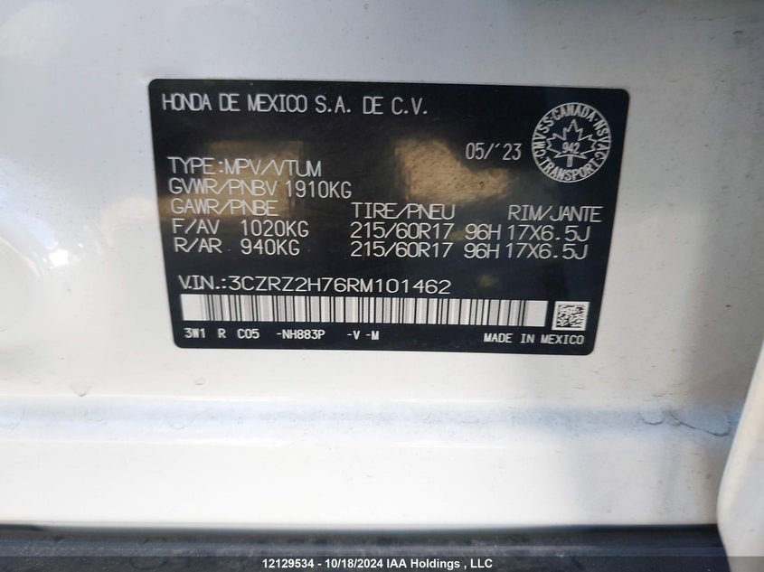 2024 Honda Hr-V VIN: 3CZRZ2H76RM101462 Lot: 12129534