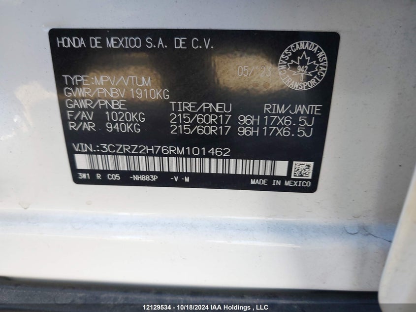 2024 Honda Hr-V VIN: 3CZRZ2H76RM101462 Lot: 12129534