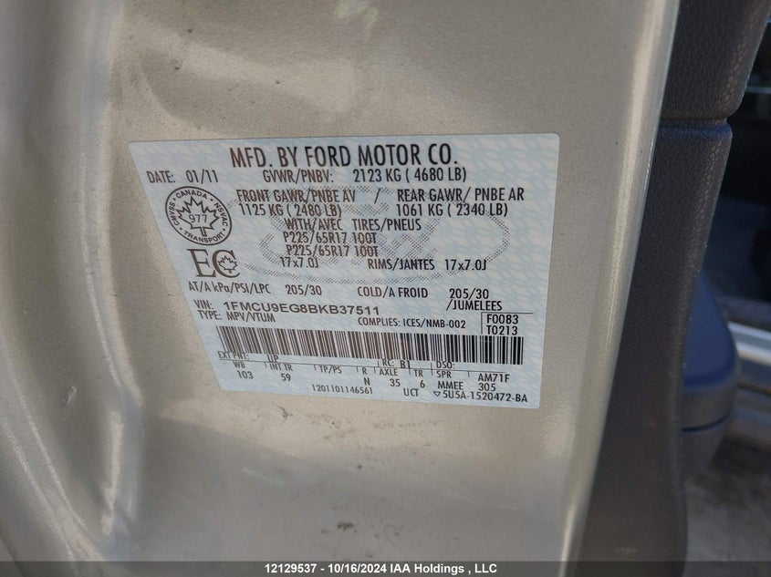 2011 Ford Escape Limited VIN: 1FMCU9EG8BKB37511 Lot: 12129537