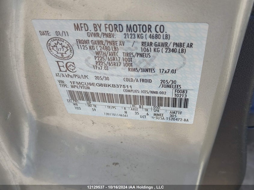 2011 Ford Escape Limited VIN: 1FMCU9EG8BKB37511 Lot: 12129537