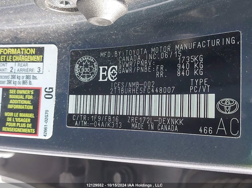 2015 Toyota Corolla L/Le/Le Pls/Prm/S/S Pls VIN: 2T1BURHE5FC448007 Lot: 12129552