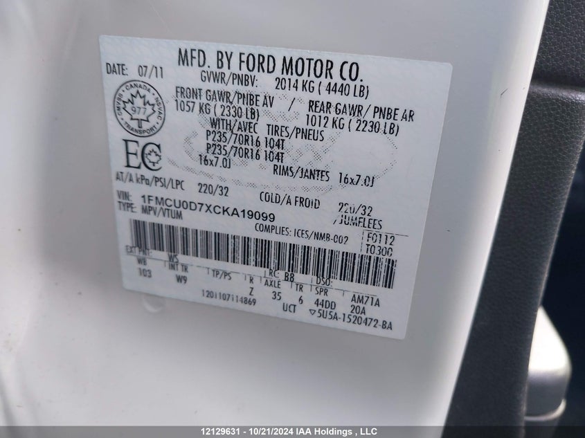 2012 Ford Escape Xlt VIN: 1FMCU0D7XCKA19099 Lot: 12129631