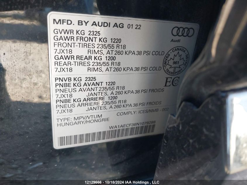 2022 Audi Q3 VIN: WA1AECF36N1079288 Lot: 12129666