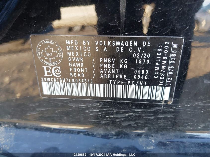 2020 Volkswagen Jetta VIN: 3VWCB7BU7LM034645 Lot: 12129682
