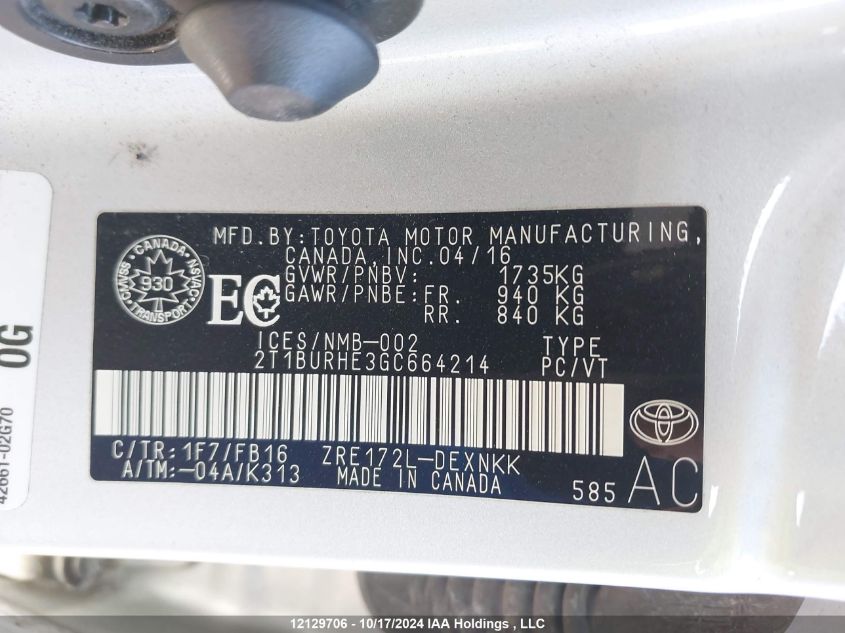 2016 Toyota Corolla VIN: 2T1BURHE3GC664214 Lot: 12129706