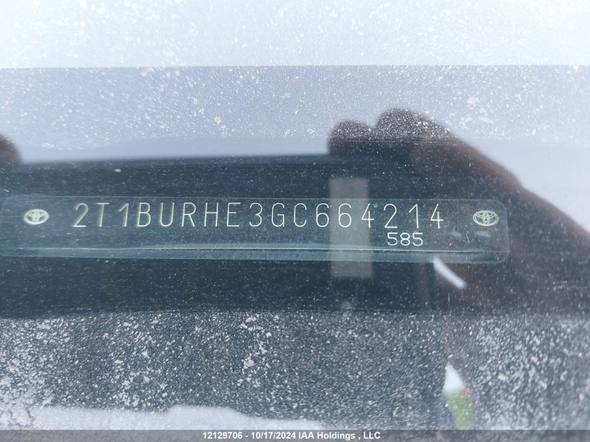 2016 Toyota Corolla VIN: 2T1BURHE3GC664214 Lot: 12129706