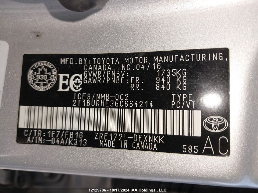 2016 Toyota Corolla VIN: 2T1BURHE3GC664214 Lot: 12129706