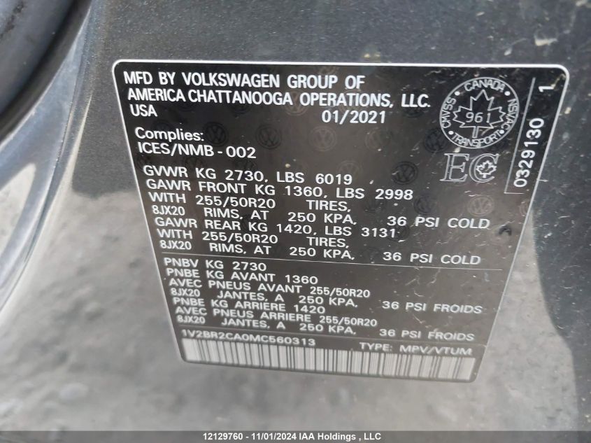 2021 Volkswagen Atlas VIN: 1V2BR2CA0MC560313 Lot: 12129760