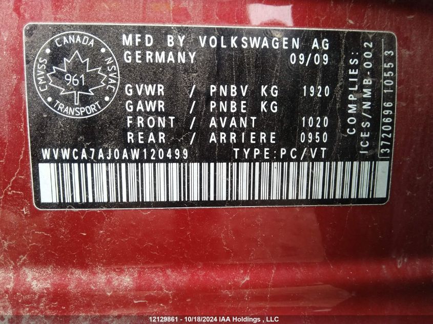 2010 Volkswagen Golf VIN: WVWCA7AJ0AW120499 Lot: 12129861