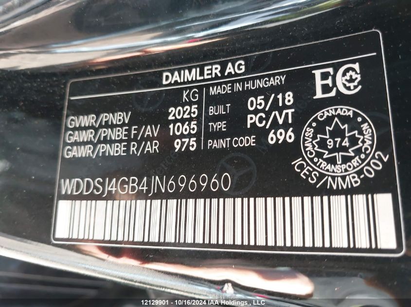 2018 Mercedes-Benz Cla VIN: WDDSJ4GB4JN696960 Lot: 12129901