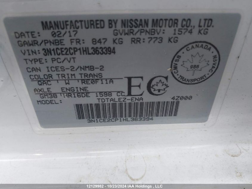 2017 Nissan Versa Note S/S Plus/Sv/Sl/Sr VIN: 3N1CE2CP1HL363394 Lot: 12129982